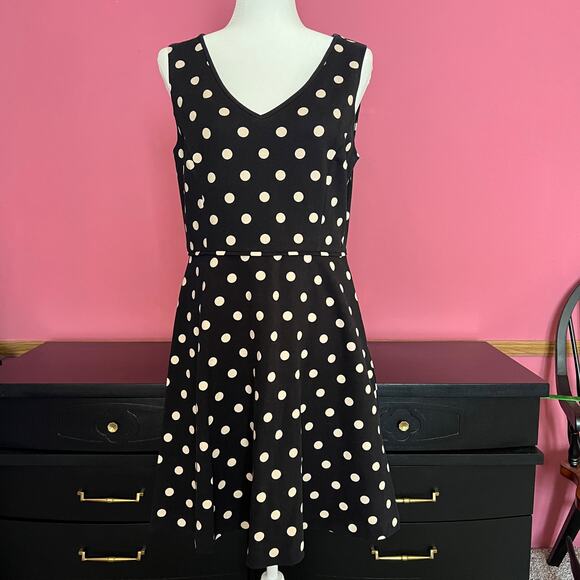 Ann Taylor V Neck Cotton Midi Dress Black wPolka Dots Size 8 - Picture 2 of 12
